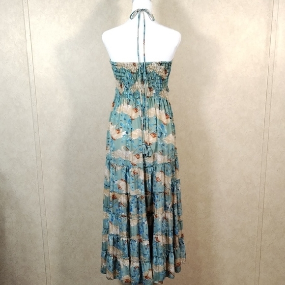 04099 Raga aqua, tan & rust bird print tiered satin strapless maxi dress M - Picture 8 of 14